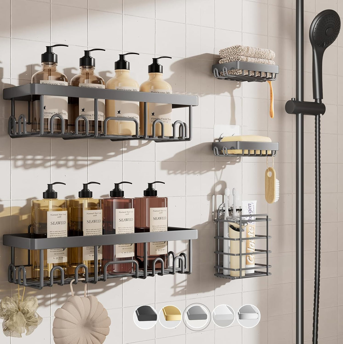 Shower Caddy 6-Pack, Advanced Rustproof Design, No Drilling Adhesive Shelves, Rack with Soap Holder, Large Capacity Bathroom Organizers and Storage, Wall-Mounted Kitchen & Home Decor
