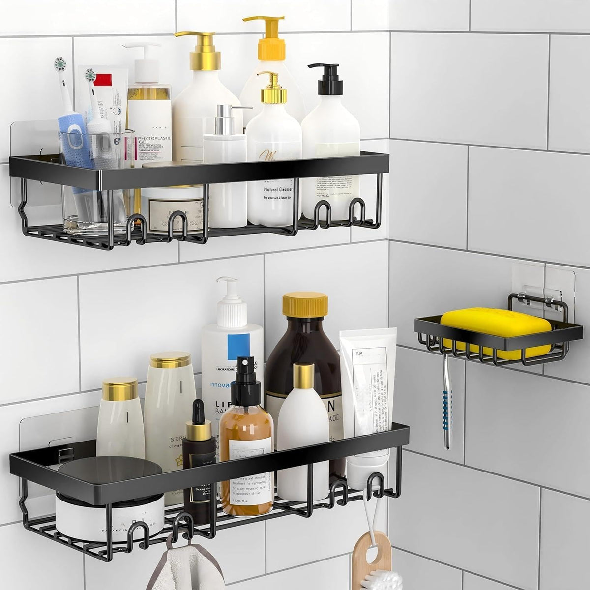 3-Pack Shower Caddy Basket Shelf with Soap Holder, No Drilling Traceless Adhesive Shower Wall Shelves, Rustproof Black Bathroom Shower Storage Organizer